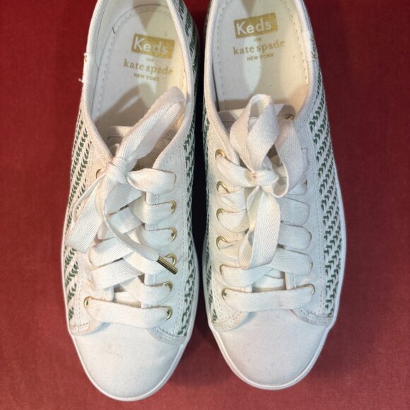 Kate Spade Green and White Multi-woven Keds platform Sneakers, NWOT, Size 8.5 - Picture 3 of 8